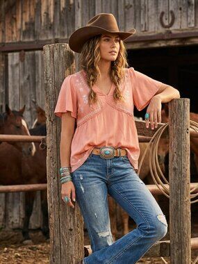 Davi & Dani Peach Pink Embroidered Boho Babydoll Top